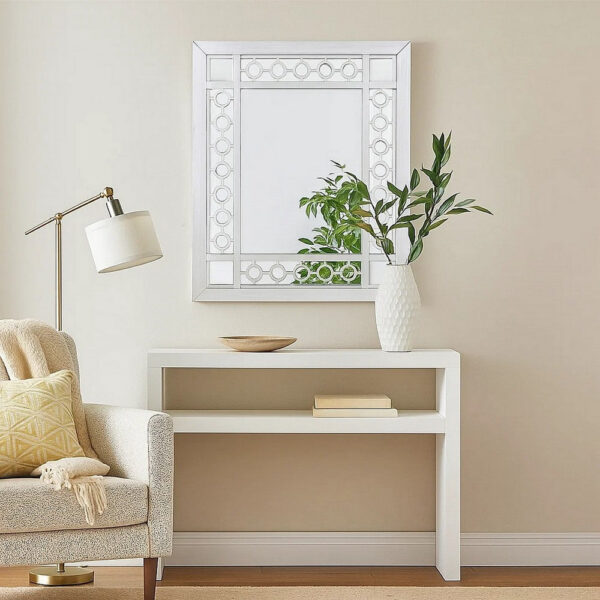 40 Inch Ornate Wood Mirror, Portrait, Round Cut Out Design, White