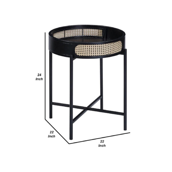 1502202669917d30e90cf.jpeg Bert 24 Inch Round End Table, Rattan Apron Accent, Metal Legs, Black