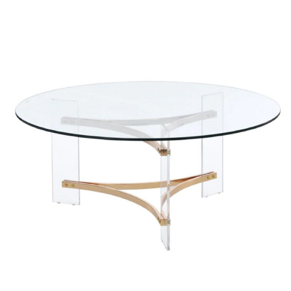 1502202669917d498465f.jpeg Hale 41 Inch Round Coffee Table, Glass Top, Acrylic Legs, Clear, Gold