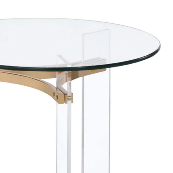 Hale 23 Inch Round End Table, Glass Top, Acrylic Legs, Clear, Gold
