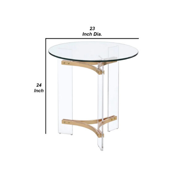 Hale 23 Inch Round End Table, Glass Top, Acrylic Legs, Clear, Gold