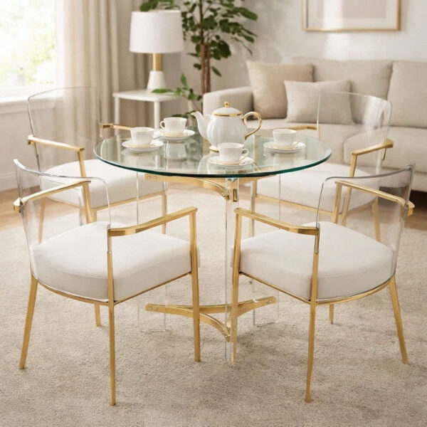 Hale 23 Inch Round End Table, Glass Top, Acrylic Legs, Clear, Gold