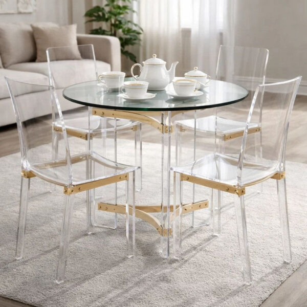 Hale 23 Inch Round End Table, Glass Top, Acrylic Legs, Clear, Gold