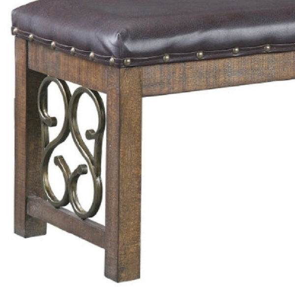 Ral 56 Inch Solid Wood Padded Bench, Metal Scroll Design, Nailhead, Brown