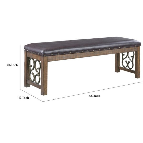 Ral 56 Inch Solid Wood Padded Bench, Metal Scroll Design, Nailhead, Brown