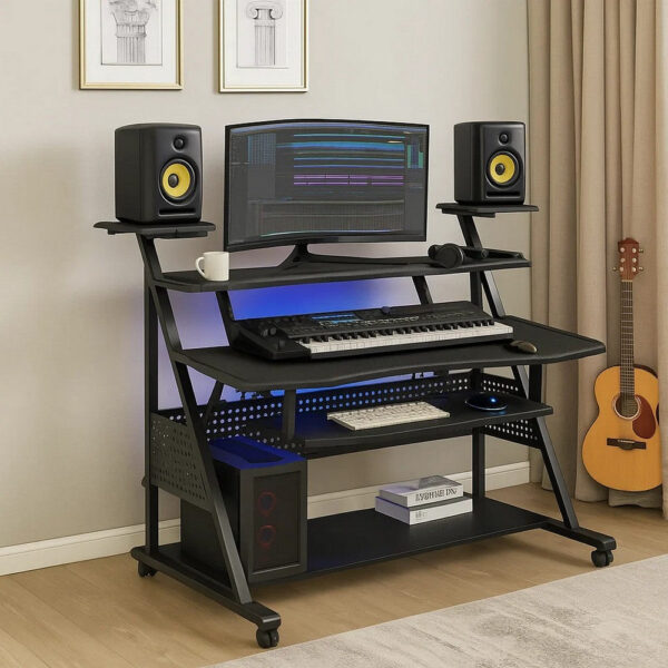 Gia 67 Inch Music Desk Studio Workstation, Keyboard Tray, Shelves, Black