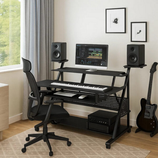 Gia 67 Inch Music Desk Studio Workstation, Keyboard Tray, Shelves, Black
