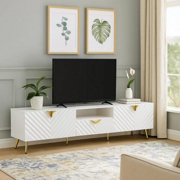 1502202669917e00345f9.jpeg Tyra 79 Inch Modern TV Media Entertainment Center, 2 Doors, White, Gold