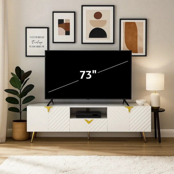 1502202669917e01c7b46.jpeg Tyra 79 Inch Modern TV Media Entertainment Center, 2 Doors, White, Gold