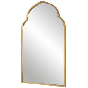 38 Inch Wood Wall Mirror, Moroccan Style, Antique Gold