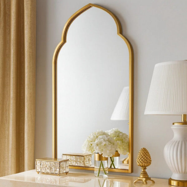 38 Inch Wood Wall Mirror, Moroccan Style, Antique Gold