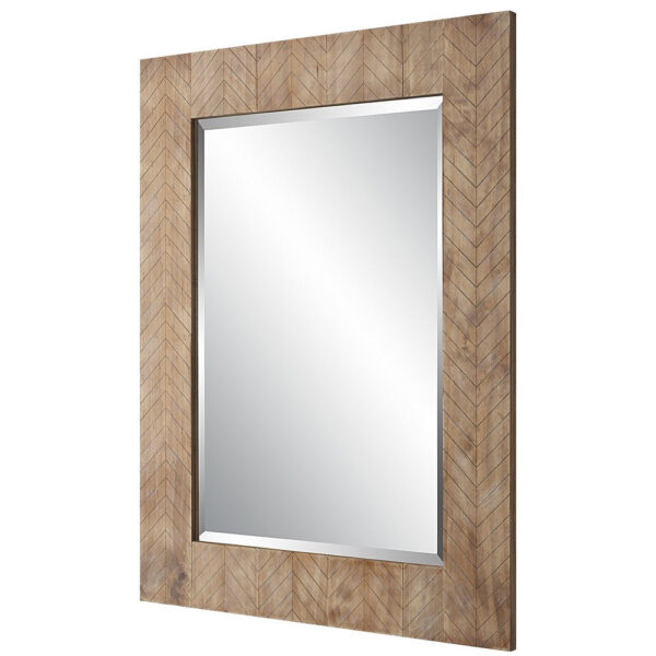 39 Inch Wood Frame Wall Mirror, Chevron Design, Brown