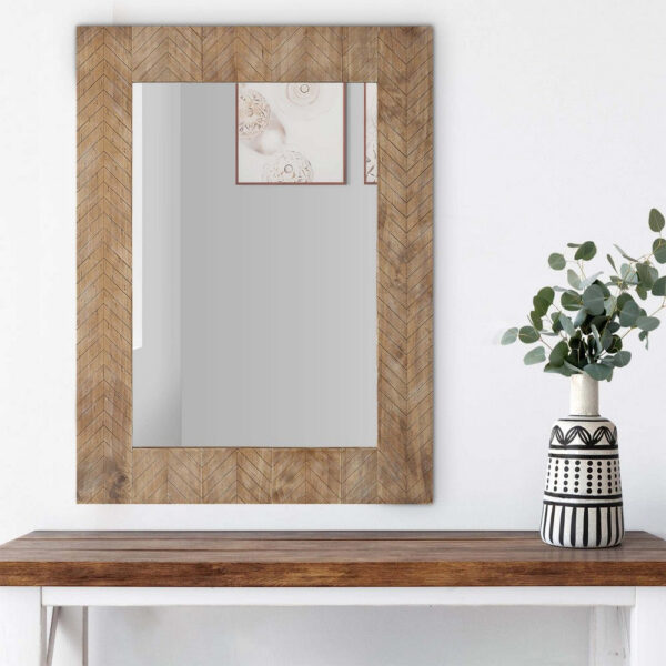 39 Inch Wood Frame Wall Mirror, Chevron Design, Brown