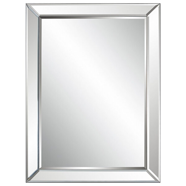 39 Inch Wood Mirror, Mirrored Frame, Beveled Panels, Silver