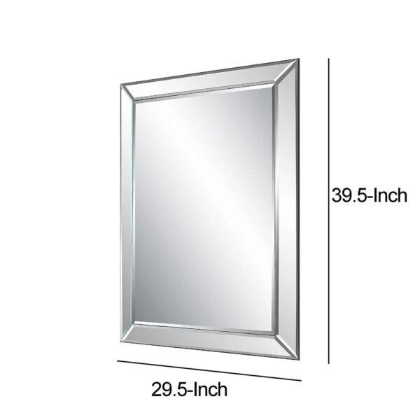 39 Inch Wood Mirror, Mirrored Frame, Beveled Panels, Silver