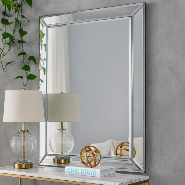 39 Inch Wood Mirror, Mirrored Frame, Beveled Panels, Silver
