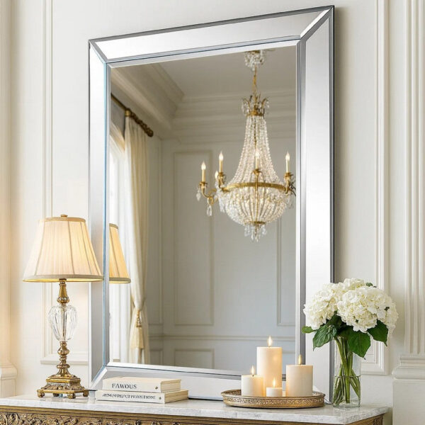 39 Inch Wood Mirror, Mirrored Frame, Beveled Panels, Silver