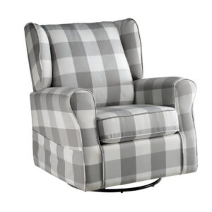 35 Inch Accent Swivel Chair, Glider, Checkered Fabric, Light Gray