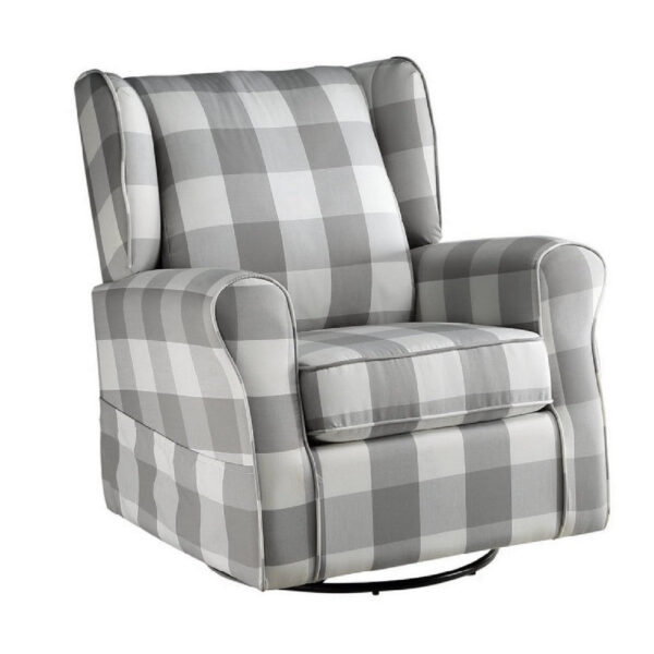 35 Inch Accent Swivel Chair, Glider, Checkered Fabric, Light Gray