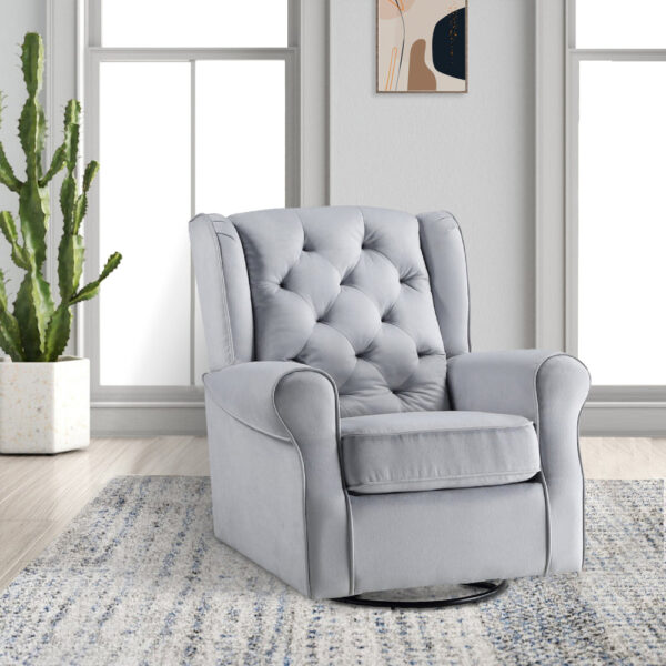 35 Inch Accent Swivel Chair, Glider, Tufted Back, Gray