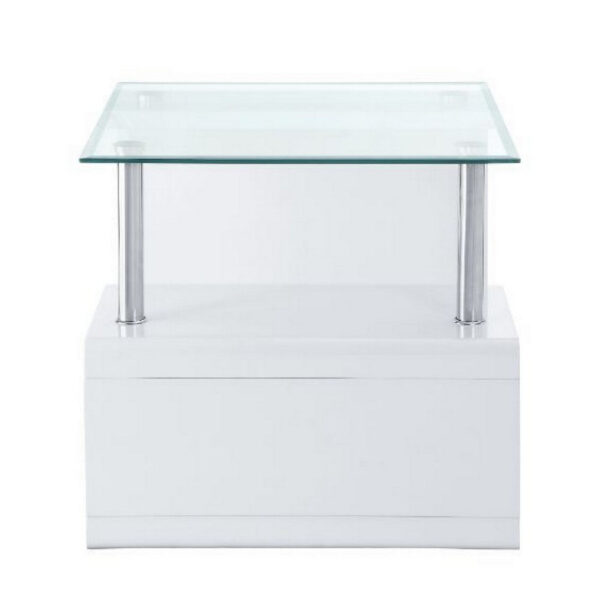 24 Inch Square Accent End Table, Glass Top, Open Shelf, White, Chrome