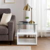 24 Inch Square Accent End Table, Glass Top, Open Shelf, White, Chrome