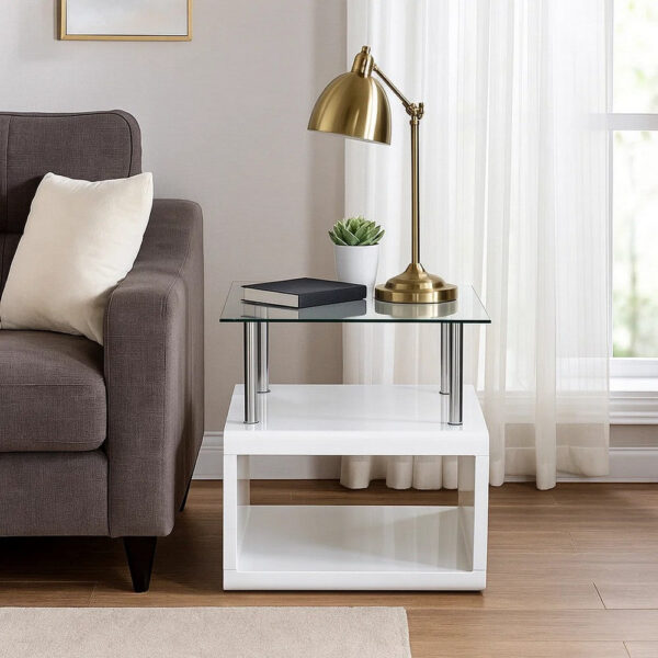 24 Inch Square Accent End Table, Glass Top, Open Shelf, White, Chrome