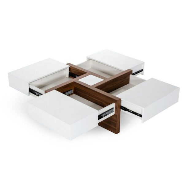 Cid 39 Inch Modern Wood Coffee Table, Puzzle Top Storage, White, Walnut
