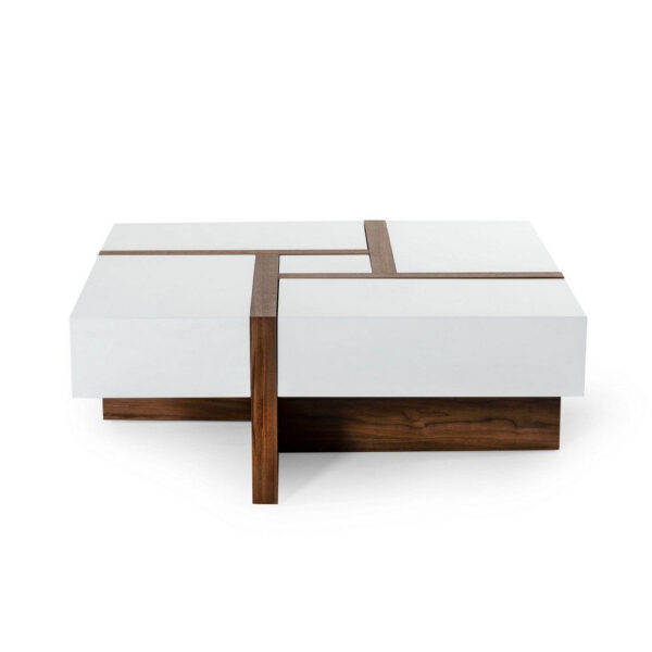 Cid 39 Inch Modern Wood Coffee Table, Puzzle Top Storage, White, Walnut
