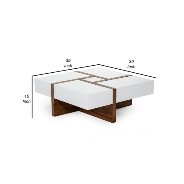 Cid 39 Inch Modern Wood Coffee Table, Puzzle Top Storage, White, Walnut