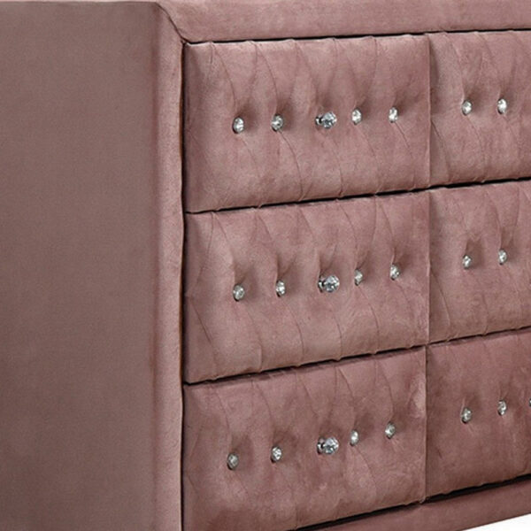 Rex 40 Inch Modern Upholstered Dresser, 6 Drawers, Crystal Handles, Pink