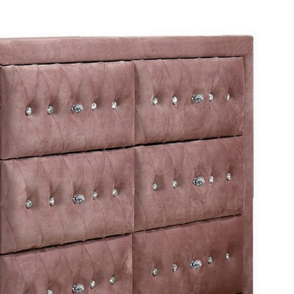 Rex 40 Inch Modern Upholstered Dresser, 6 Drawers, Crystal Handles, Pink