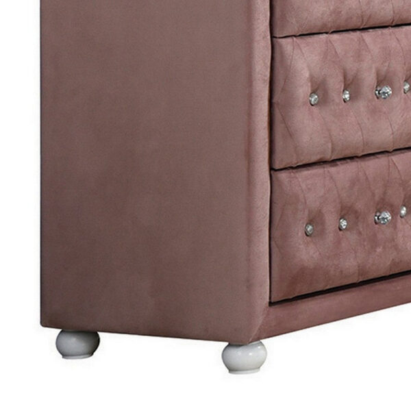 Rex 40 Inch Modern Upholstered Dresser, 6 Drawers, Crystal Handles, Pink