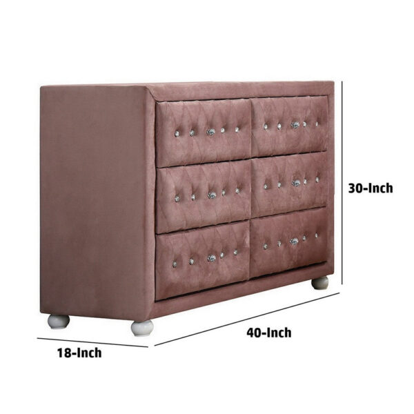 Rex 40 Inch Modern Upholstered Dresser, 6 Drawers, Crystal Handles, Pink