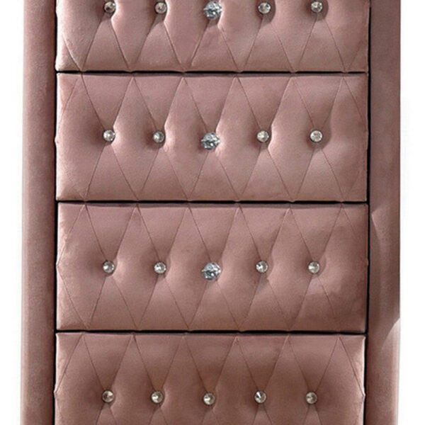1502202669917fa4ec197.jpeg Rex 38 Inch Tall Upholstered Dresser Chest, 4 Drawer, Crystal Handles, Pink