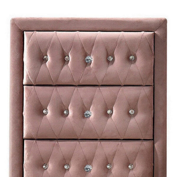 1502202669917fa6899a4.jpeg Rex 38 Inch Tall Upholstered Dresser Chest, 4 Drawer, Crystal Handles, Pink