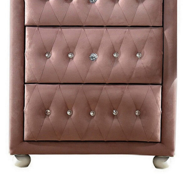 1502202669917fa84bacd.jpeg Rex 38 Inch Tall Upholstered Dresser Chest, 4 Drawer, Crystal Handles, Pink