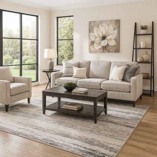 Oxy 8 x 10 Modern Area Rug, Clean Abstract Design, Soft Fabric, Gray, Gold