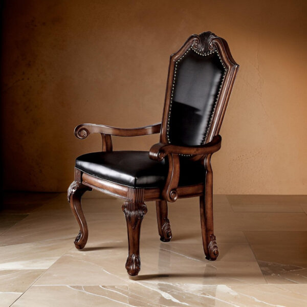 Loki 28 Inch Dining Armchair, Nailhead Trim, Faux Leather, Set of 2, Brown