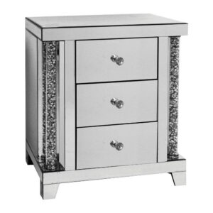 Noe 26 Inch 3 Drawer Accent Table Nightstand, Mirrored, Faux Diamond Inlay, Silver