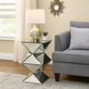 20 Inch Modern End Table, Square Mirror Top, Silver Geometric Pedestal Base