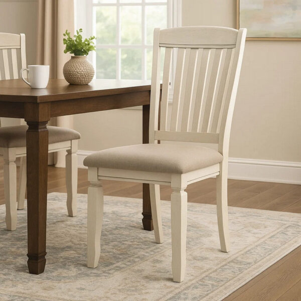 15022026699180d318241.jpeg 18 Inch Dining Chair, Fabric Padded Seat, Slatted, Set of 2, Antique White