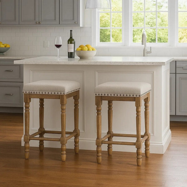 24 Inch Classic Wood Counter Height Stool, Upholstered, Set of 2, Gray