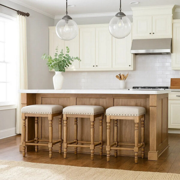 24 Inch Classic Wood Counter Height Stool, Upholstered, Set of 2, Gray