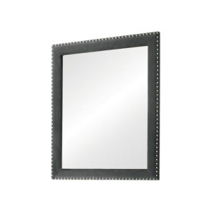 Cale 40 Inch Modern Portrait Mirror, Velvet Upholstery, Nailhead Trim, Gray
