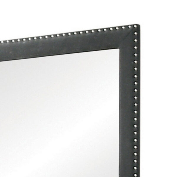 Cale 40 Inch Modern Portrait Mirror, Velvet Upholstery, Nailhead Trim, Gray
