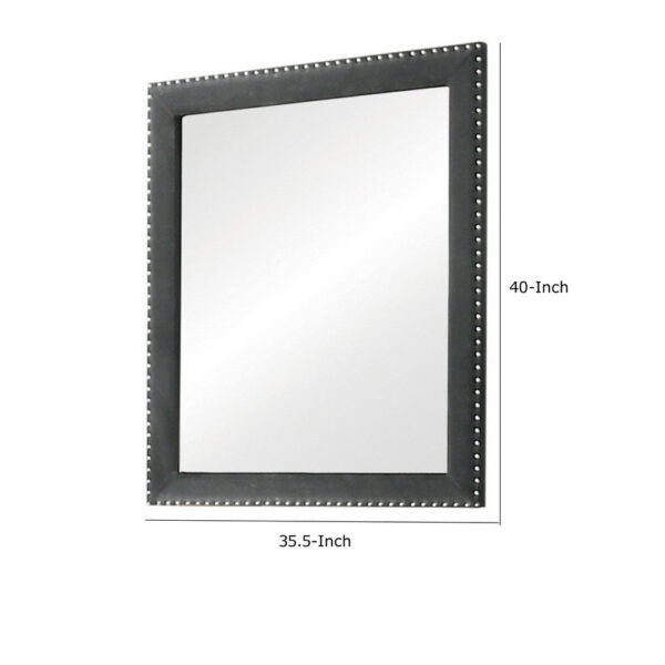 Cale 40 Inch Modern Portrait Mirror, Velvet Upholstery, Nailhead Trim, Gray