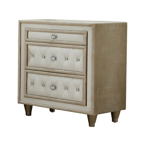 150220266991810f4dc36.jpeg Matt 30 Inch Modern Nightstand, 3 Drawers, Velvet Tufted, Ivory Light Brown