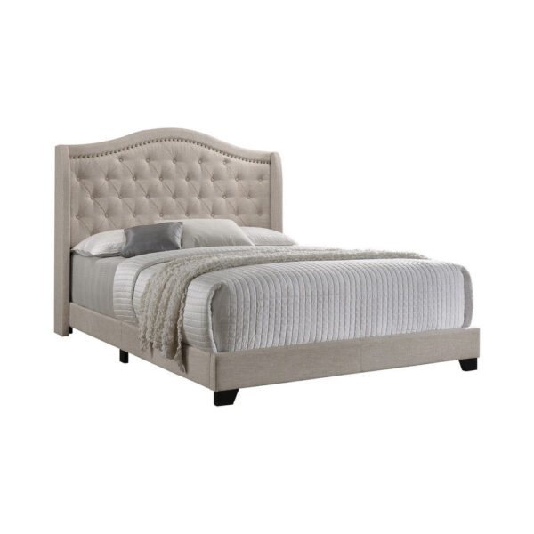 150220266991815ea79e3.jpeg Queen Size Bed, Beige Fabric Upholstered, Camel Back, Button Tufted