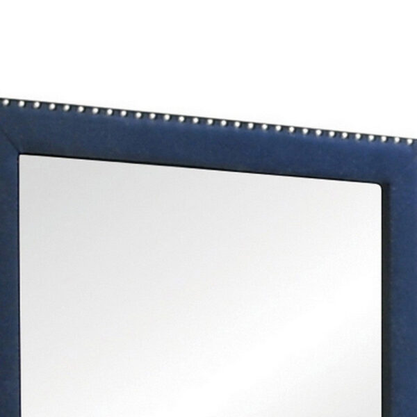 Cale 40 Inch Modern Glam Portrait Mirror, Nailhead, Blue Velvet Upholstered